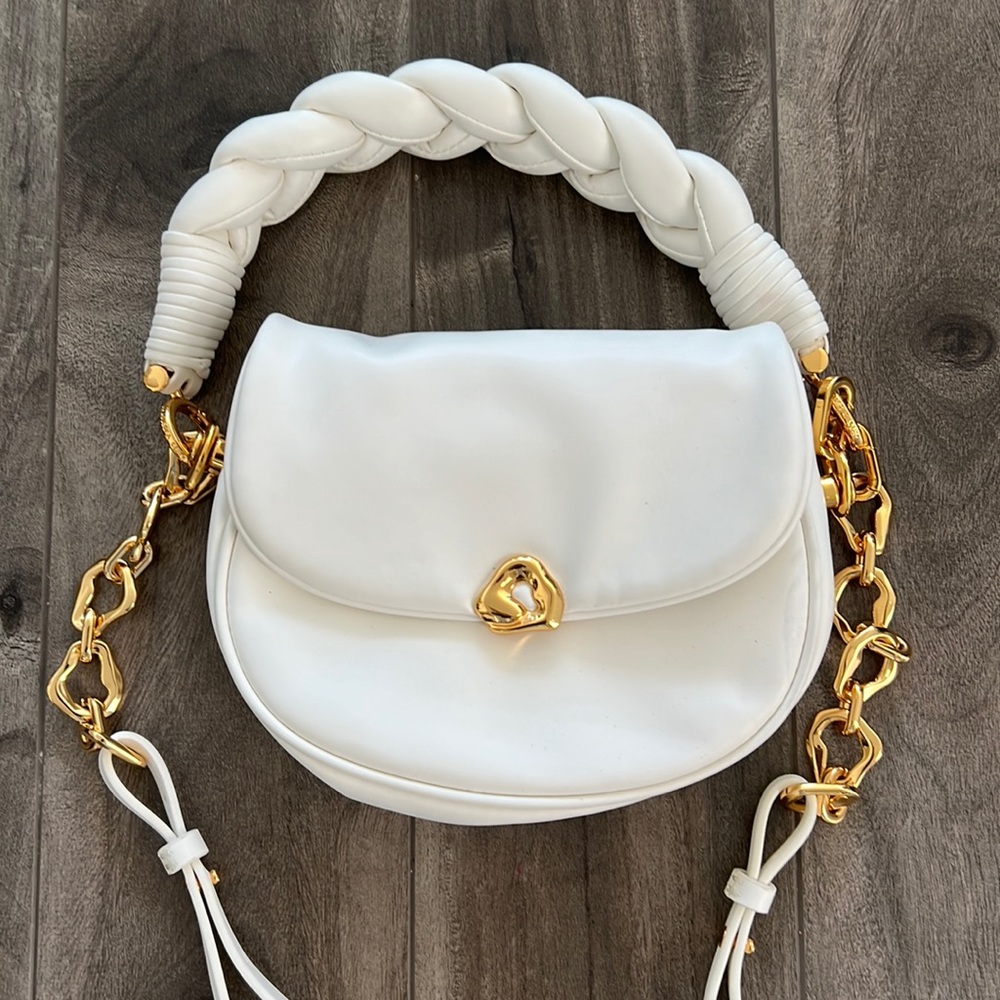 Charles & Keith White Braided Top Handle Crossbody Bag with Gold Hardware